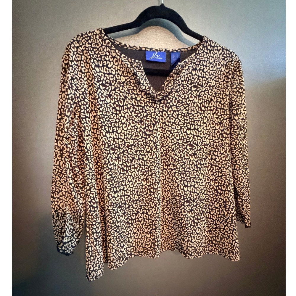 J.H. Collectibles Blouse Womens XL Brown Animal Print‎ Excellent Mesh 3/4 Sleeve